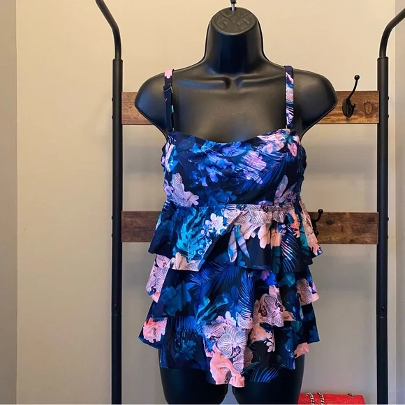 Island Escape Women's Tiered Tankini waist Minimizer bikini Top floral print 10 - Picture 2 of 6